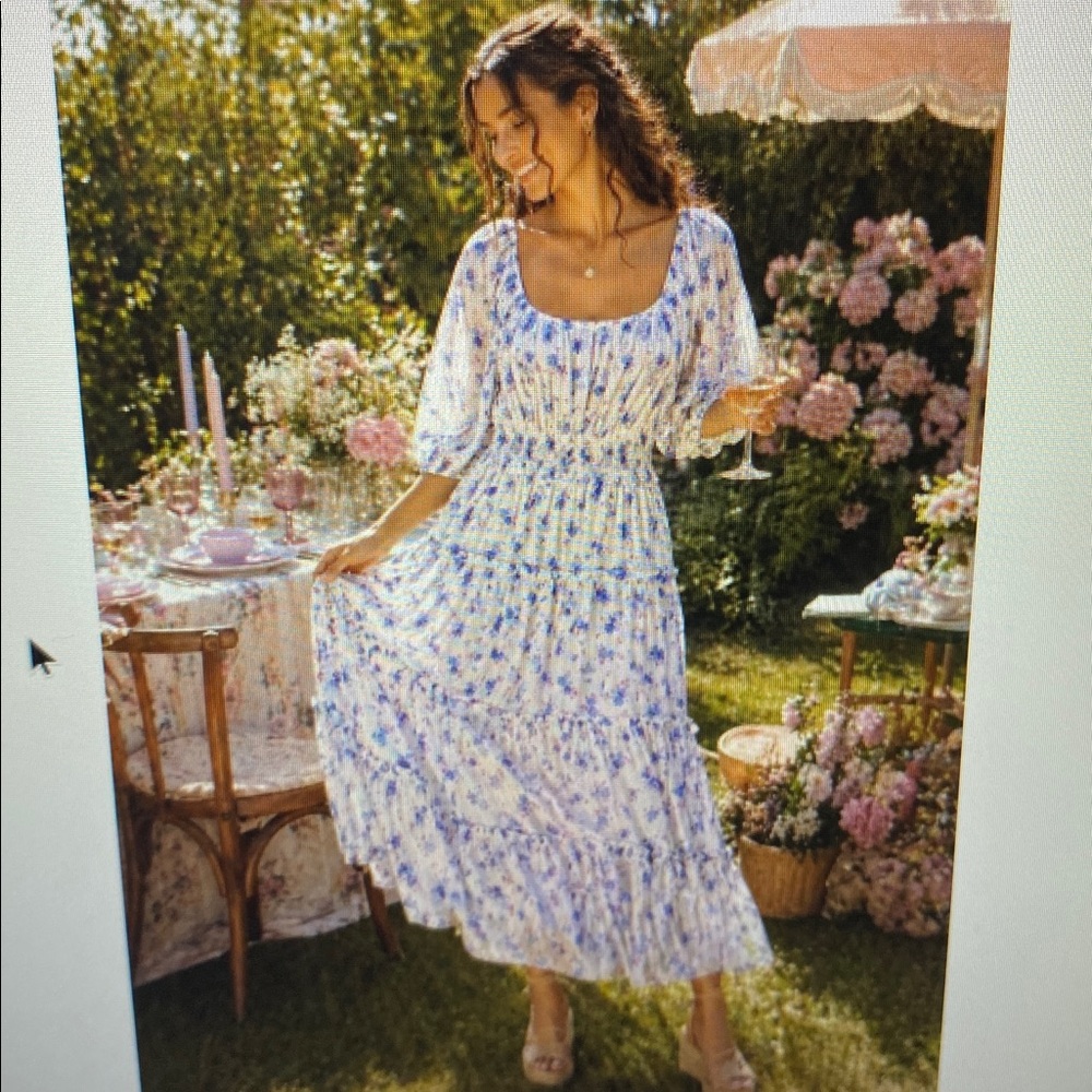 LoveShackFancy White Floral Maxi Dress with Blue and Lavender Print